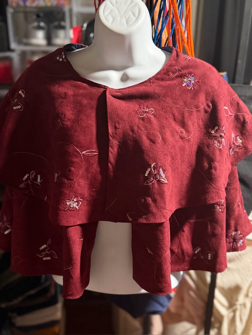 Embroidered ButterFly Burgundy Red Layered Fairy Cape - Size M